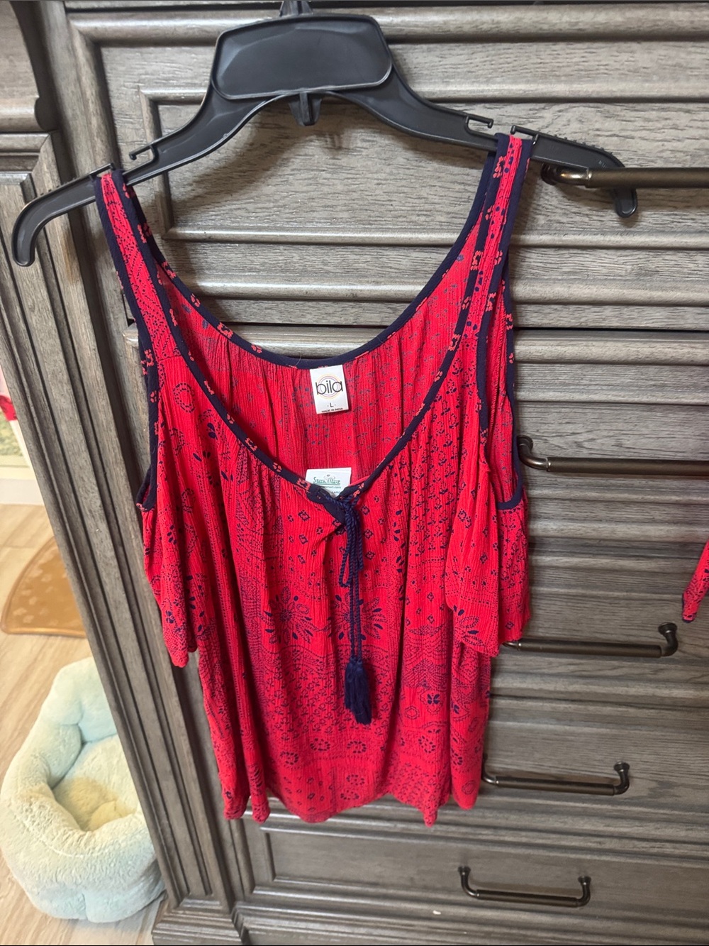 Bila Red Printed Cold-Shoulder Tank with Navy Trim and Tassel